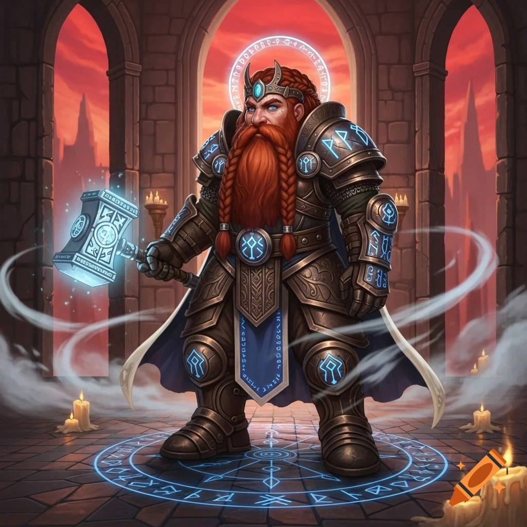 A heavily armored dwarf cleric with a red braided beard stands in a ruined temple, holding a glowing hammer. Blue magical runes glow around him.
