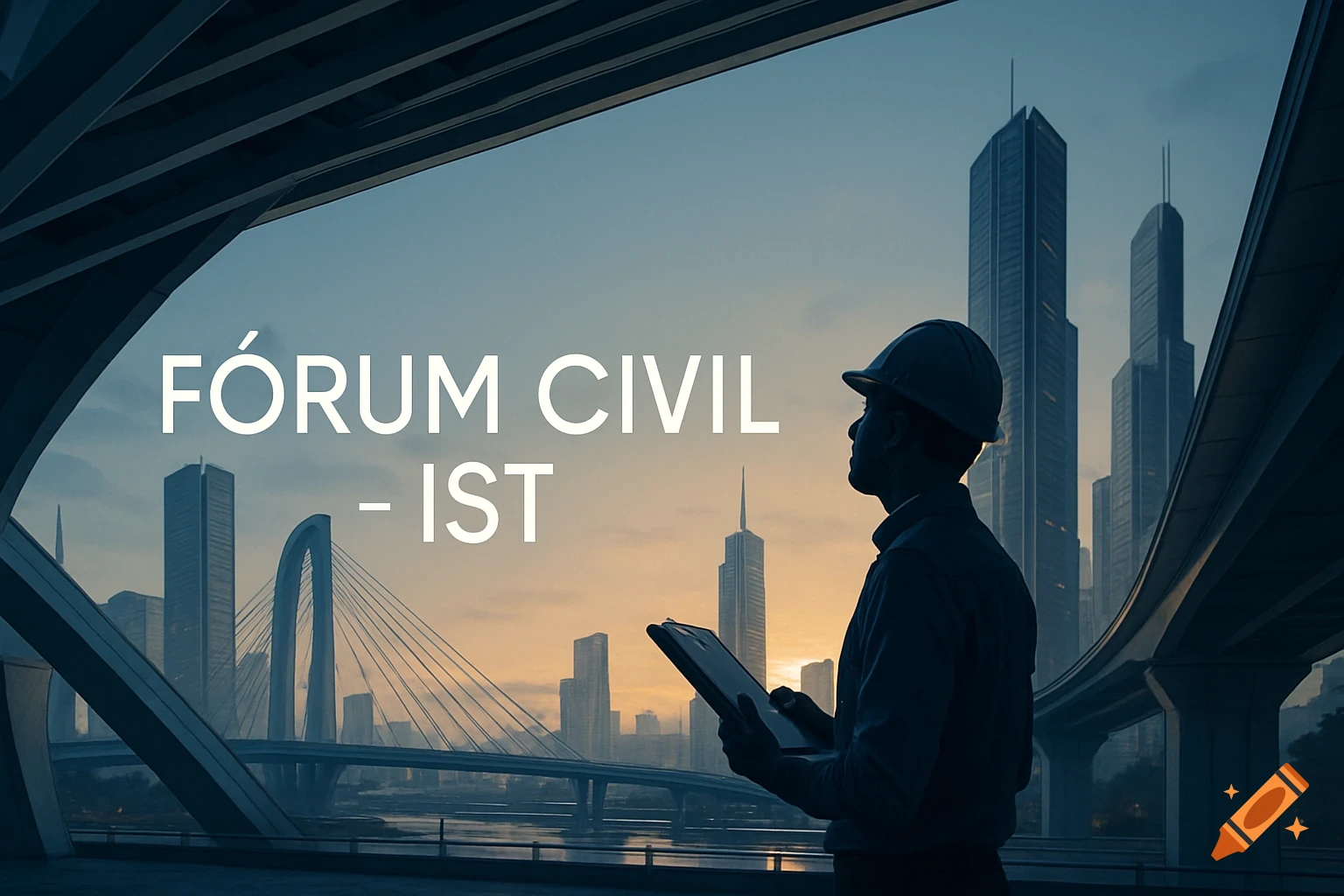 Silhouette of an engineer in a hard hat looking at a cityscape with a bridge and skyscrapers at dusk, with text 'FÓRUM CIVIL - IST'.