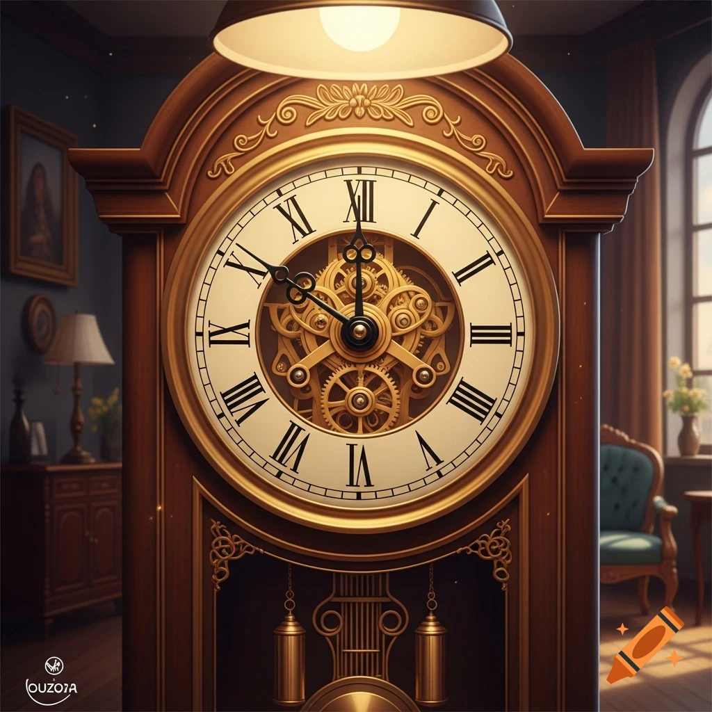 A detailed, ornate wooden grandfather clock with a gold face showing exposed gears and Roman numerals, illuminated by an overhead lamp in a classic interior setting.