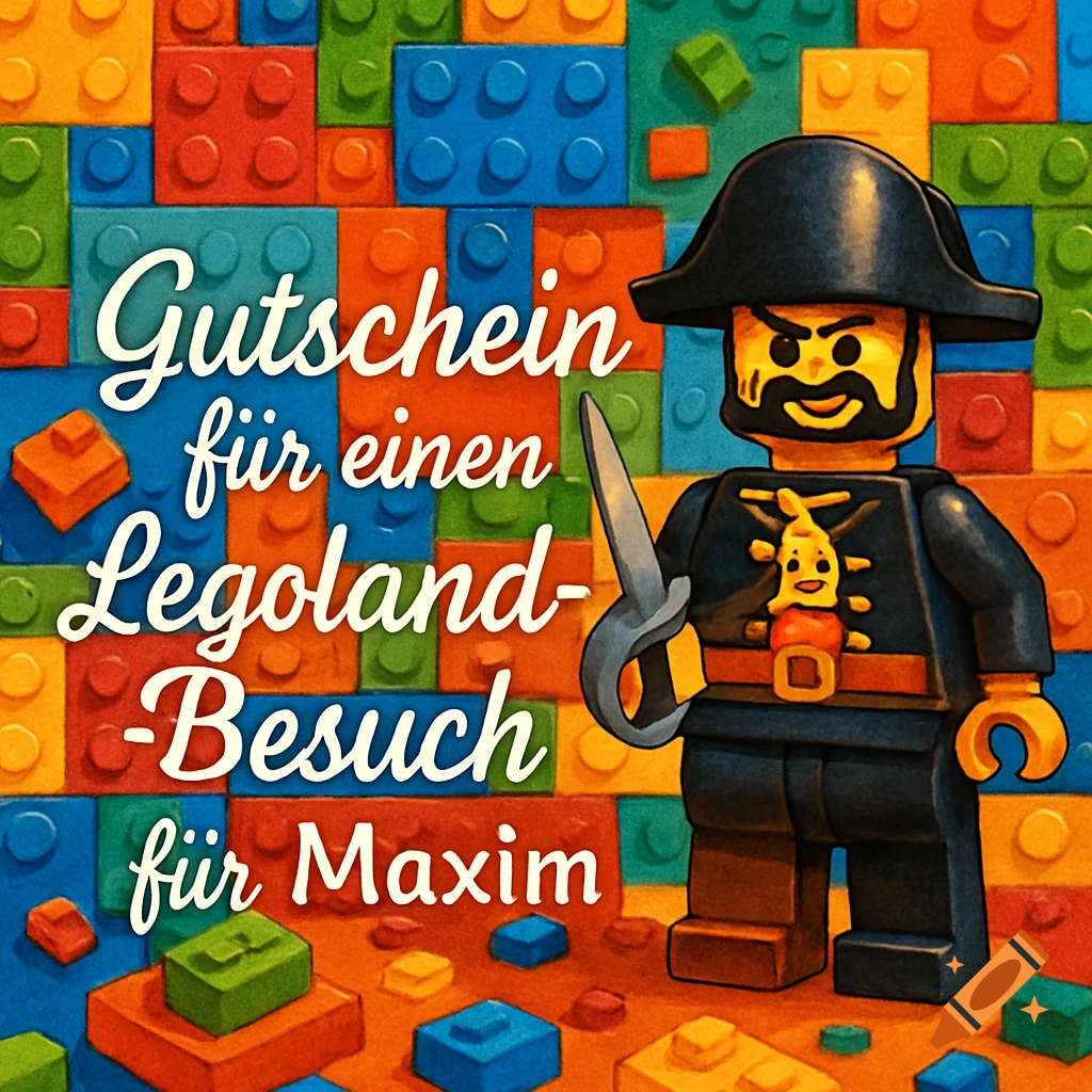 An illustrated Lego pirate minifigure stands on a surface with scattered Lego bricks, against a background of colorful Lego bricks. Text reads 'Gutschein f r einen Legoland-Besuch f r Maxim'.