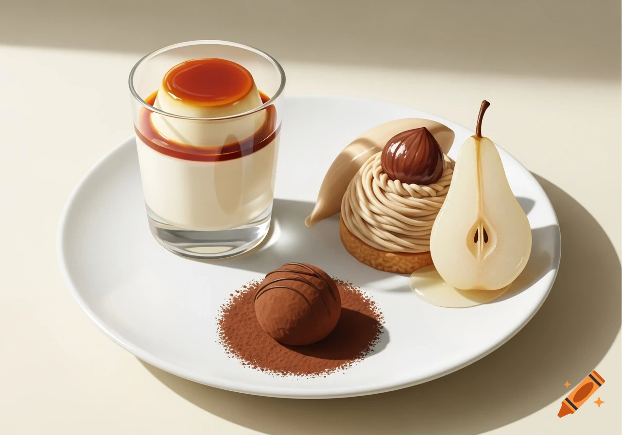 A white plate with three desserts: panna cotta with caramel, chestnut mousse on a pear half, and a chocolate truffle on cocoa powder.