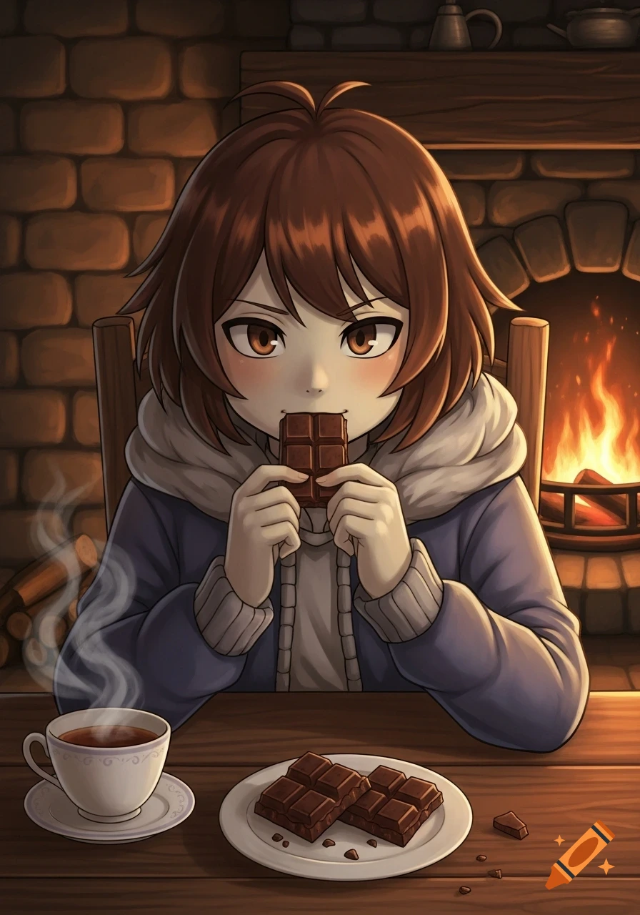 Anime-style Chara from Undertale eats dark chocolate while sitting in a cozy room with a fireplace and a steaming cup.