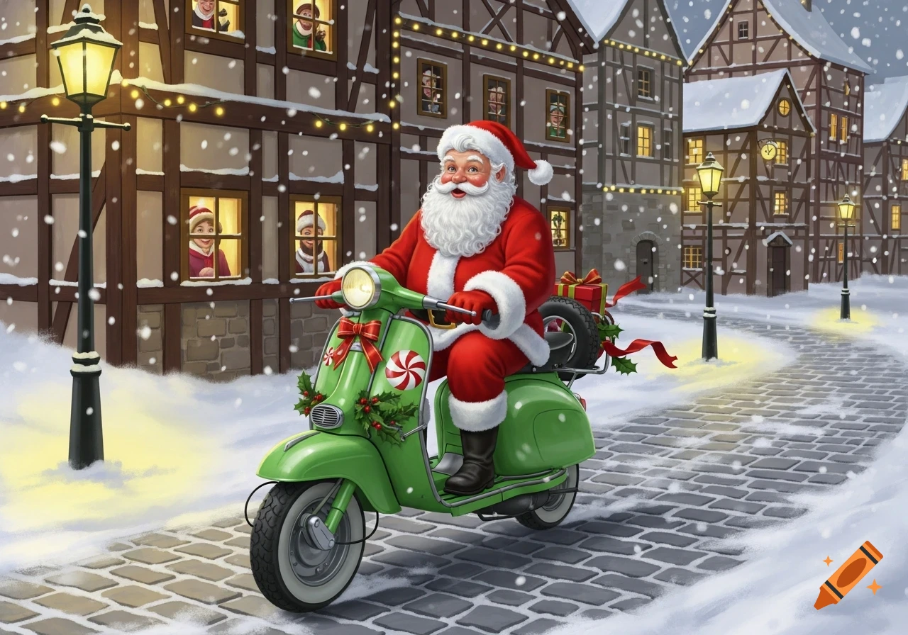 Santa Claus rides a green scooter adorned with Christmas decorations through a snowy, festive village street.