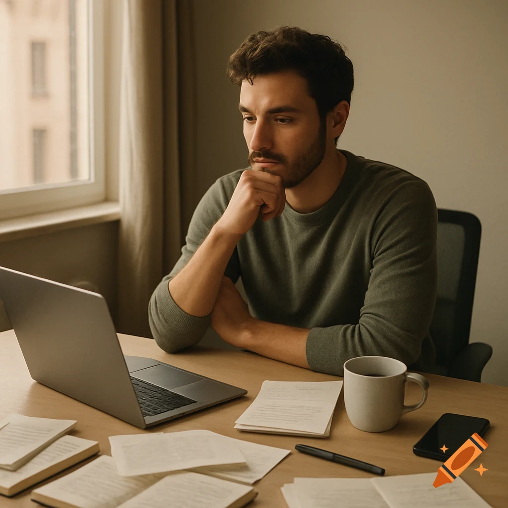 Thoughtful man with a beard at a desk with a laptop, papers, and coffee, lit by soft natural light.