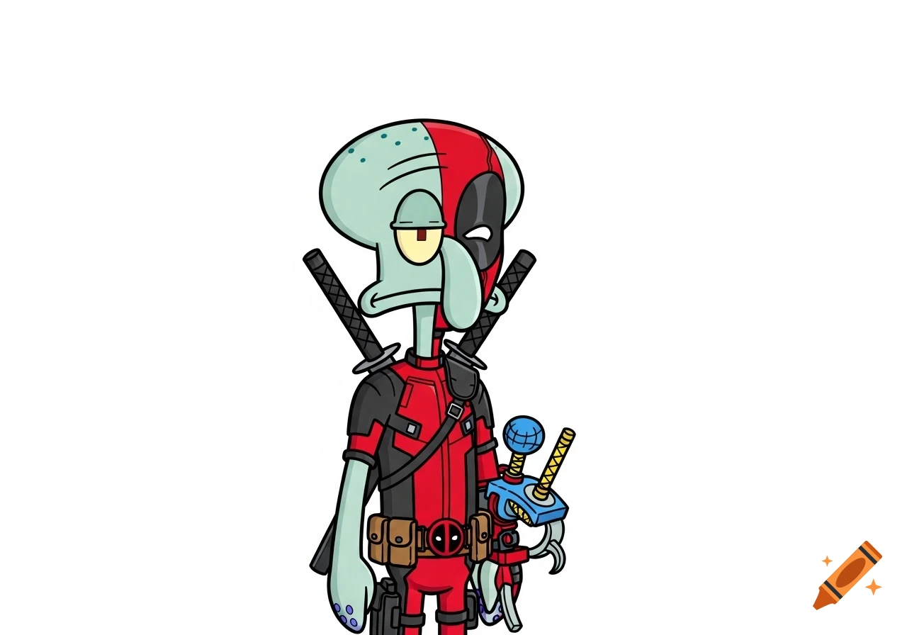 Cartoon illustration of Squidward Tentacles in a red and black Deadpool costume, holding katanas and a ray gun.