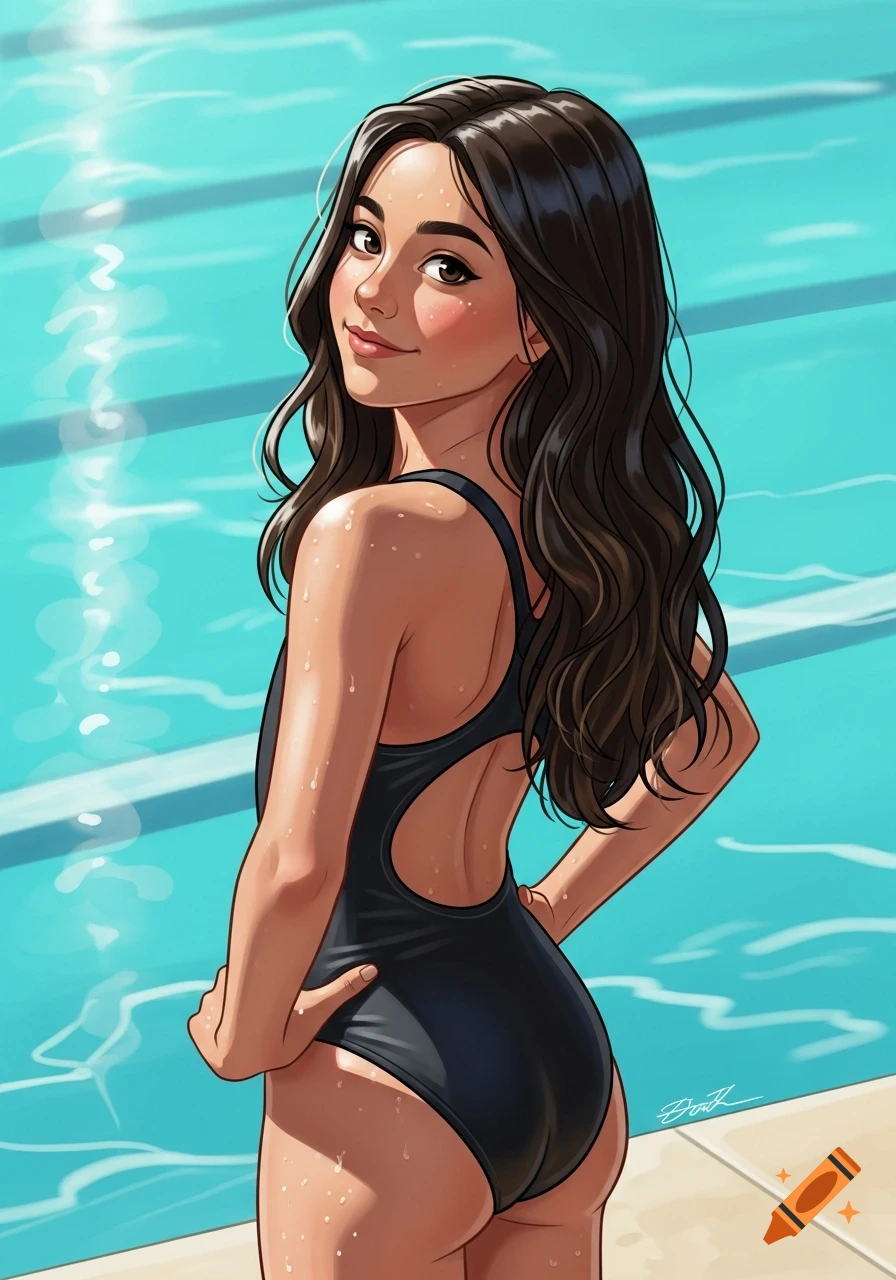 A cute animated girl with long dark hair, wearing a black one-piece swimsuit, looks over her shoulder while standing next to a swimming pool.