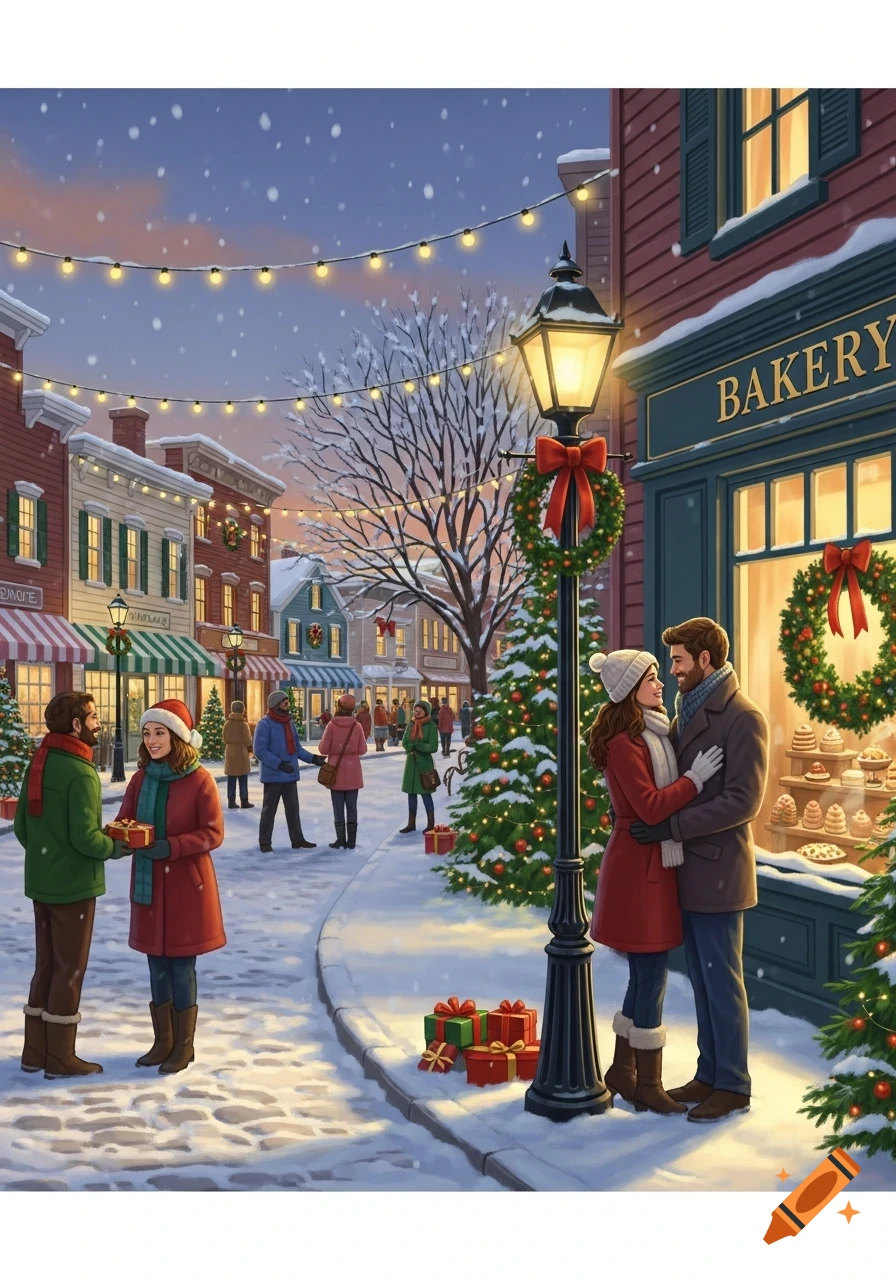 An illustrative festive Christmas scene on a snowy town street at dusk, with decorated shops, people, and a couple embracing near a bakery.