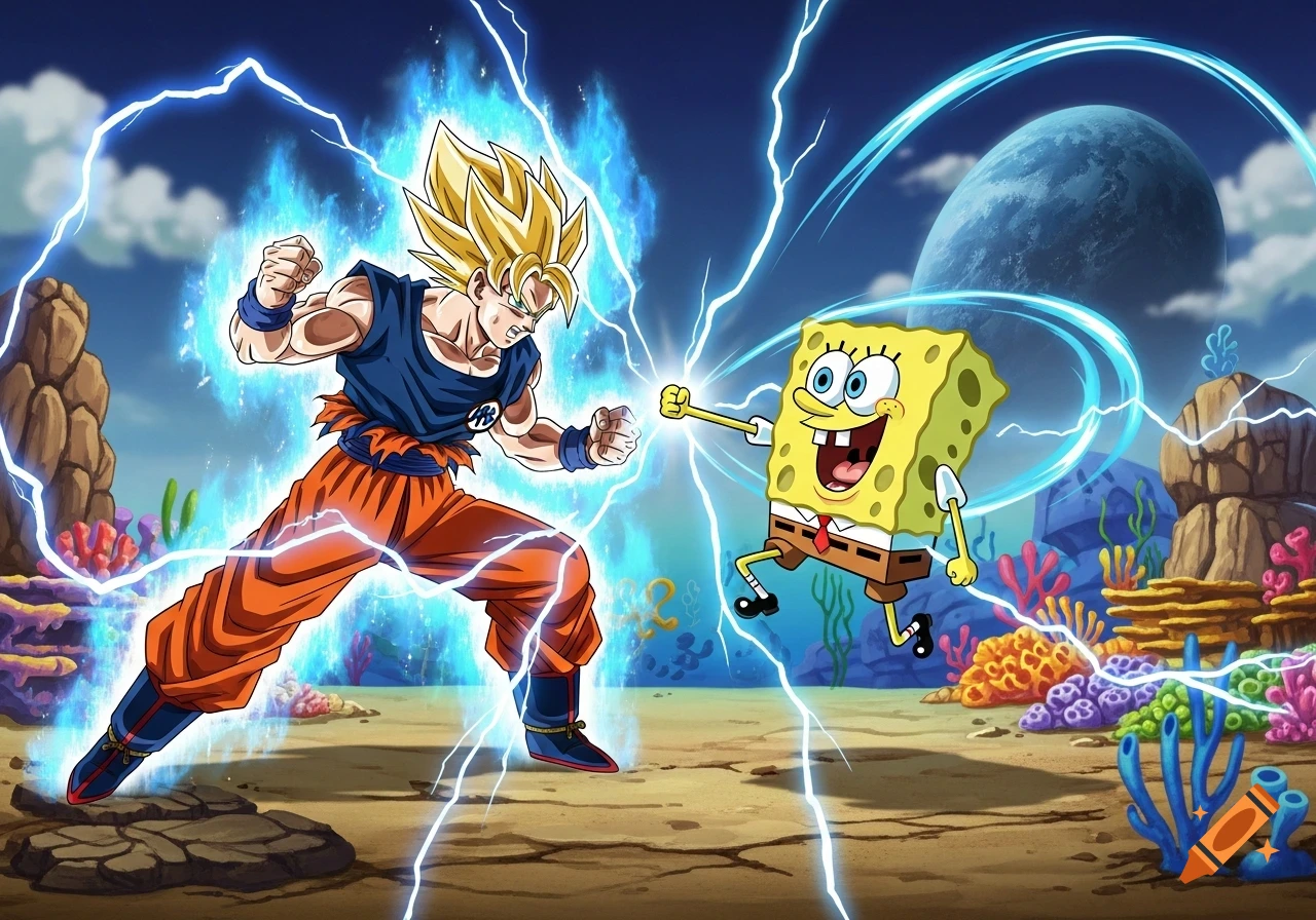 Goku, in his Super Saiyan God Super Saiyan form, battles Spongebob Squarepants with electric energy in a cartoon landscape under a blue planet sky.