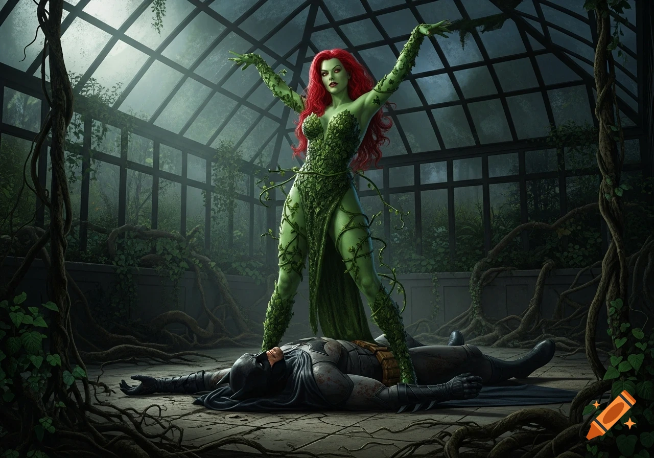 Poison Ivy, in a green leaf costume, stands over a defeated Batman in a dark, overgrown greenhouse, in a digital art style.