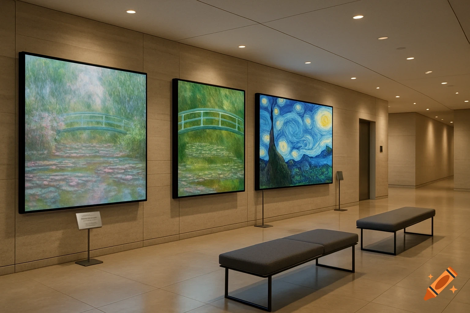 A modern digital art gallery in a lobby with three framed paintings by Monet and Van Gogh, benches, and warm lighting.