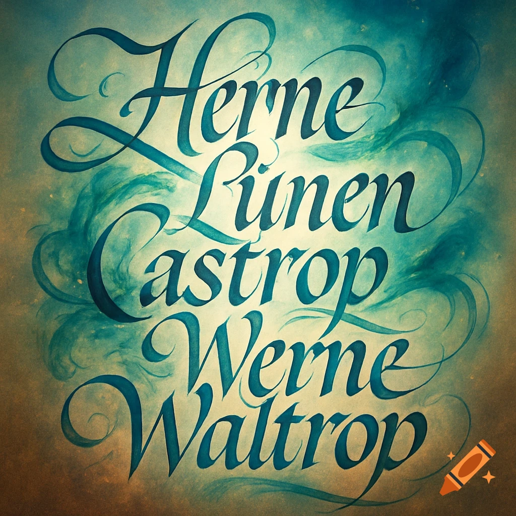 Stylized blue script lettering for 'Herne,' 'Lunen,' 'Castrop,' 'Werne,' and 'Waltrop' on a textured teal and brown watercolor background.