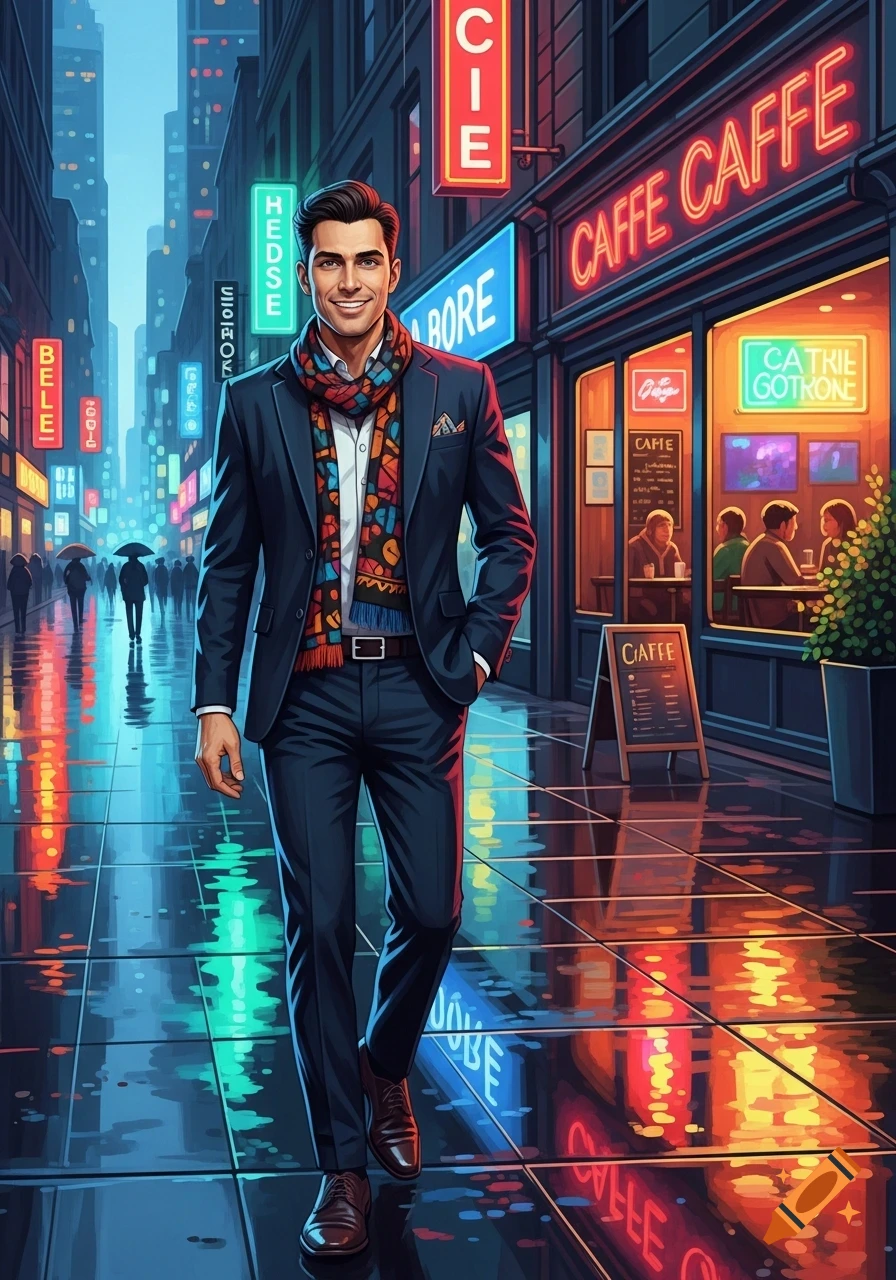 A smiling man in a suit and colorful scarf walks down a wet city street ...