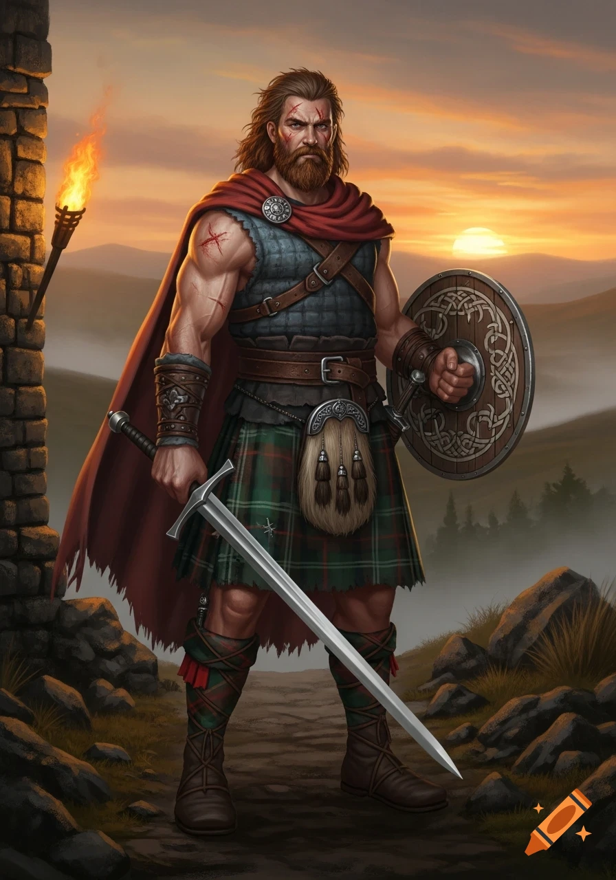 Muscular Scottish warrior with a beard and scars, wearing a kilt and ...