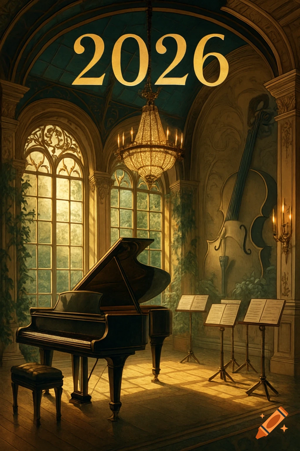 A grand piano and music stands in an opulent hall with large windows, a chandelier, and a cello motif on the wall. The year 2026 is displayed prominently in gold at the top.