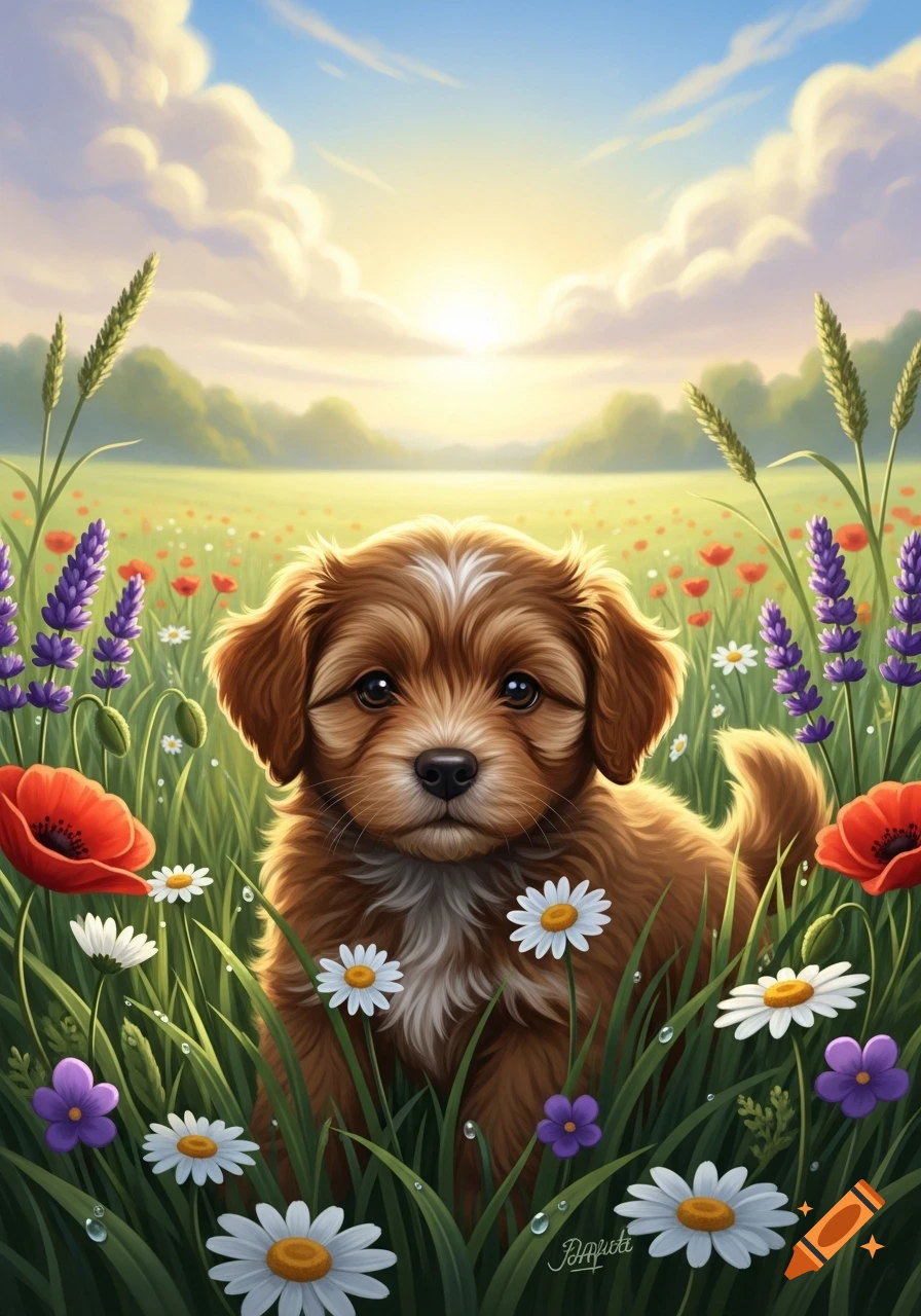 A fluffy brown puppy sits among colorful wildflowers in a sunny field under a blue sky, in a vibrant illustrative style.