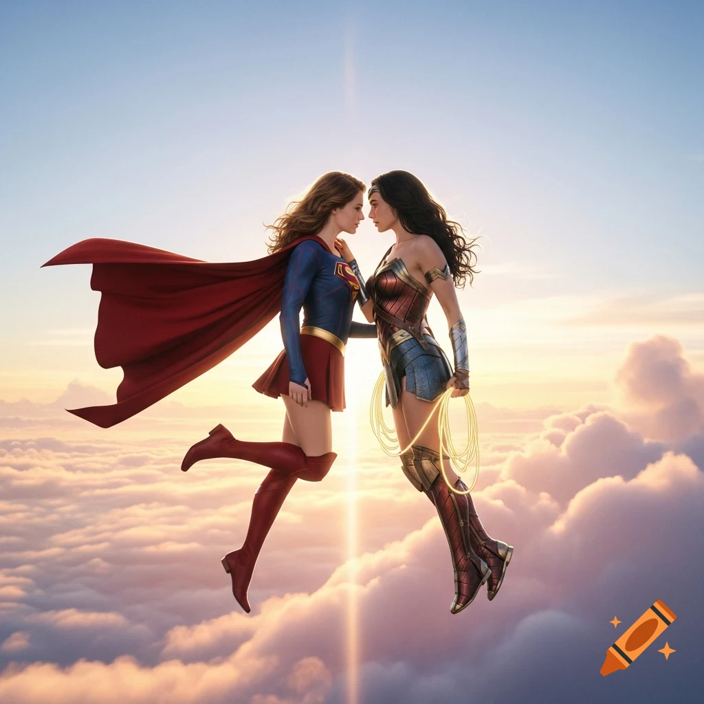 Supergirl and Wonder Woman float among clouds at sunset, leaning in close with intense gazes.