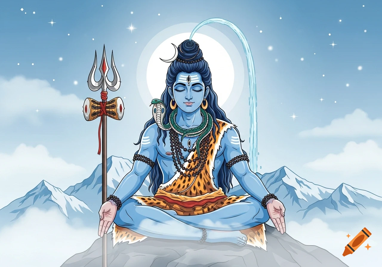 Vector illustration of blue-skinned Lord Shiva meditating on a mountain, with a trident and a cobra, water flowing from his hair.