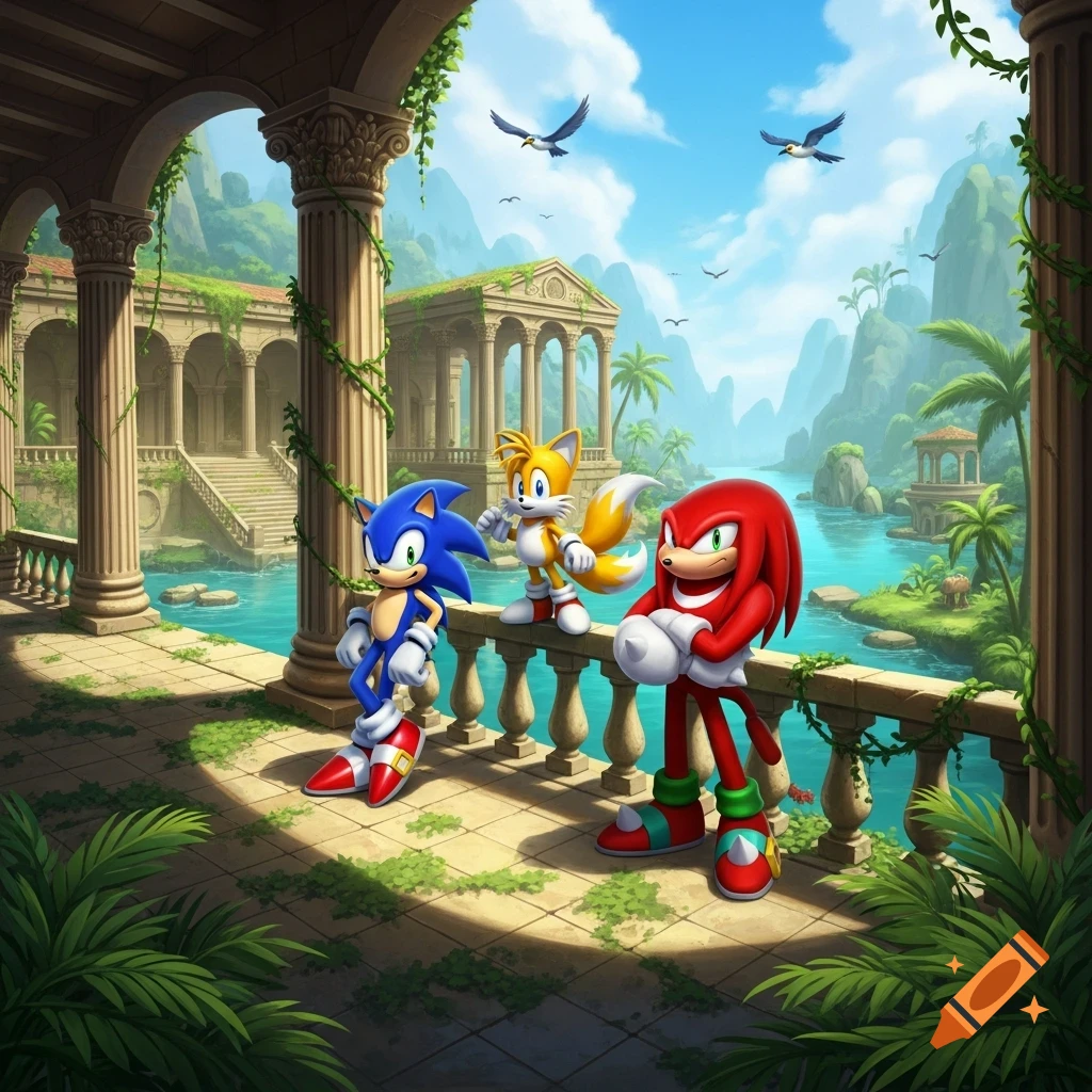 Sonic, Tails, and Knuckles stand on a balcony overlooking ancient aquatic ruins with columns, flowing water, mountains, and palm trees under a blue sky.