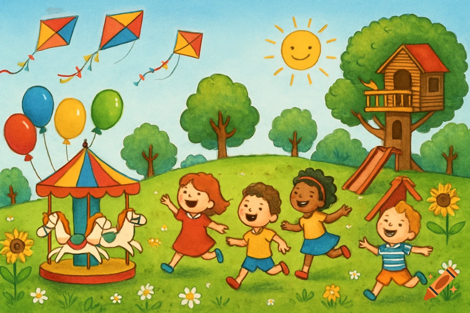 A colorful illustration of four happy children running in a green park with a carousel, treehouse, kites, balloons, and a smiling sun.