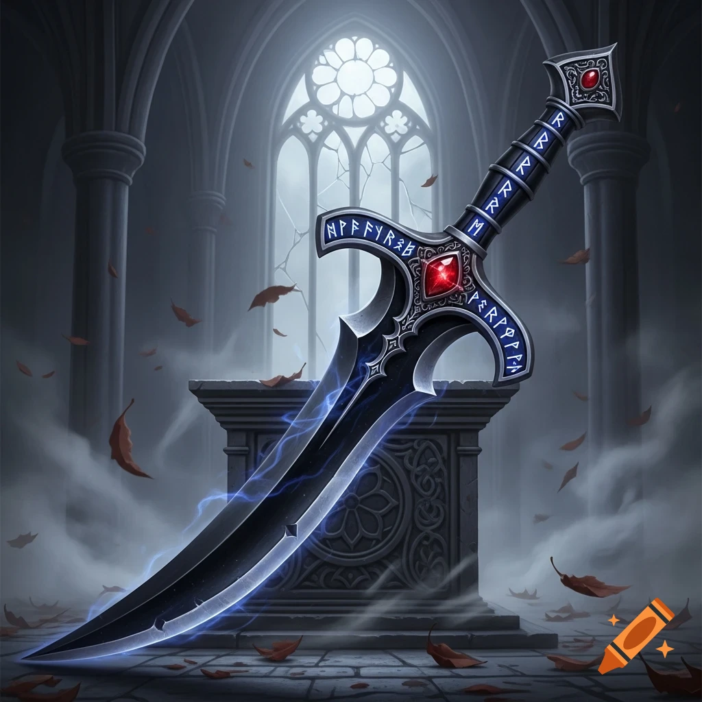 A dark fantasy dagger with a glowing pitch black blade and ornate hilt rests on a stone pedestal in a gothic ruin with falling leaves.