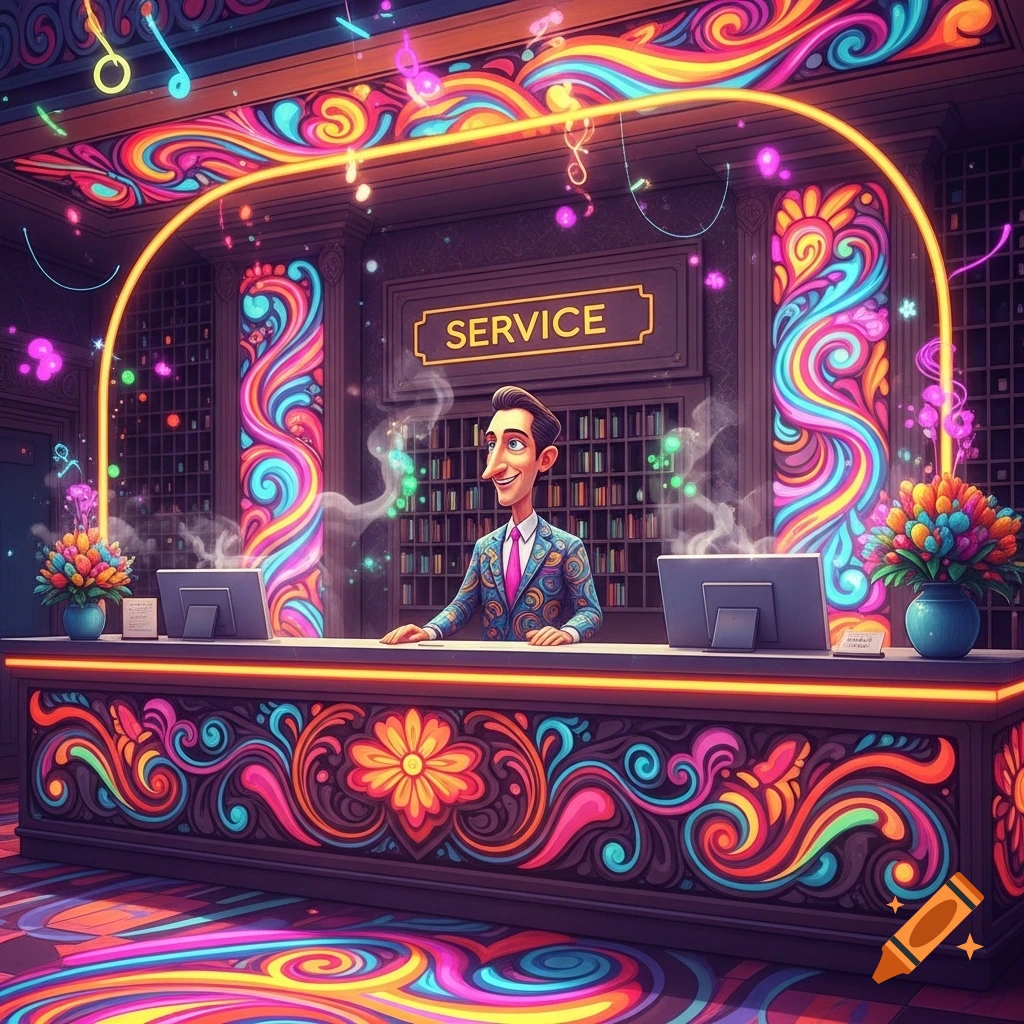 A cartoon man with a long nose stands at a hotel service desk, surrounded by vibrant psychedelic patterns and glowing neon lights.