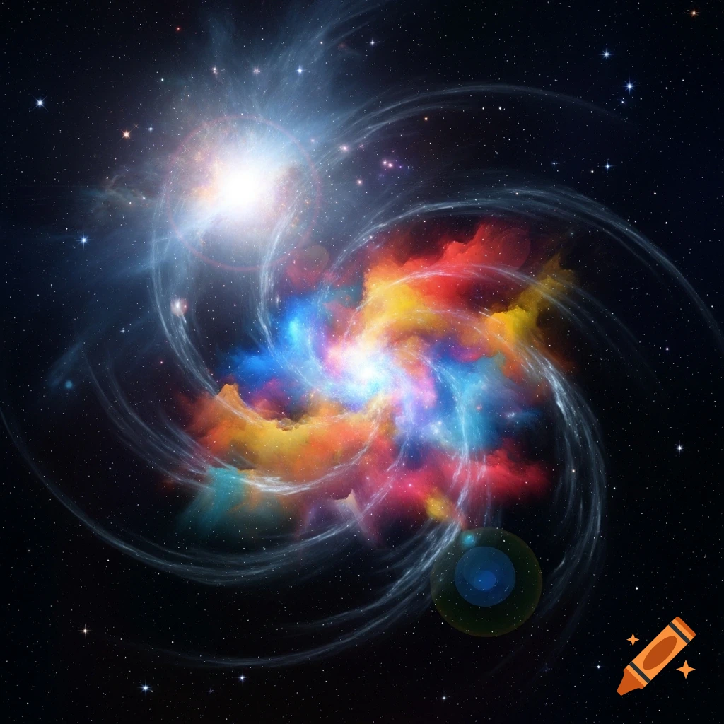 Vibrant cosmic nebula with red, orange, yellow, and blue swirling gases, a bright star, and scattered stars in deep space.