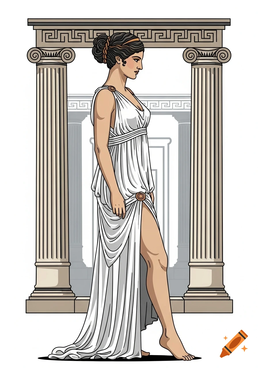 Illustration of a Greek goddess with dark, coiled hair, wearing a white chiton with a high slit, standing in profile between two classical columns.