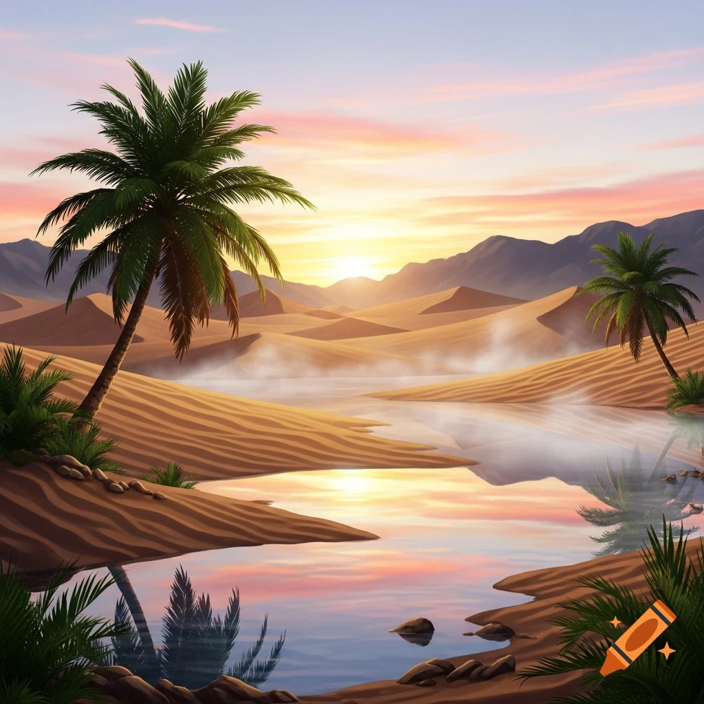 A vibrant desert oasis with golden sand dunes, reflective water, and palm trees under a colorful sunset sky.