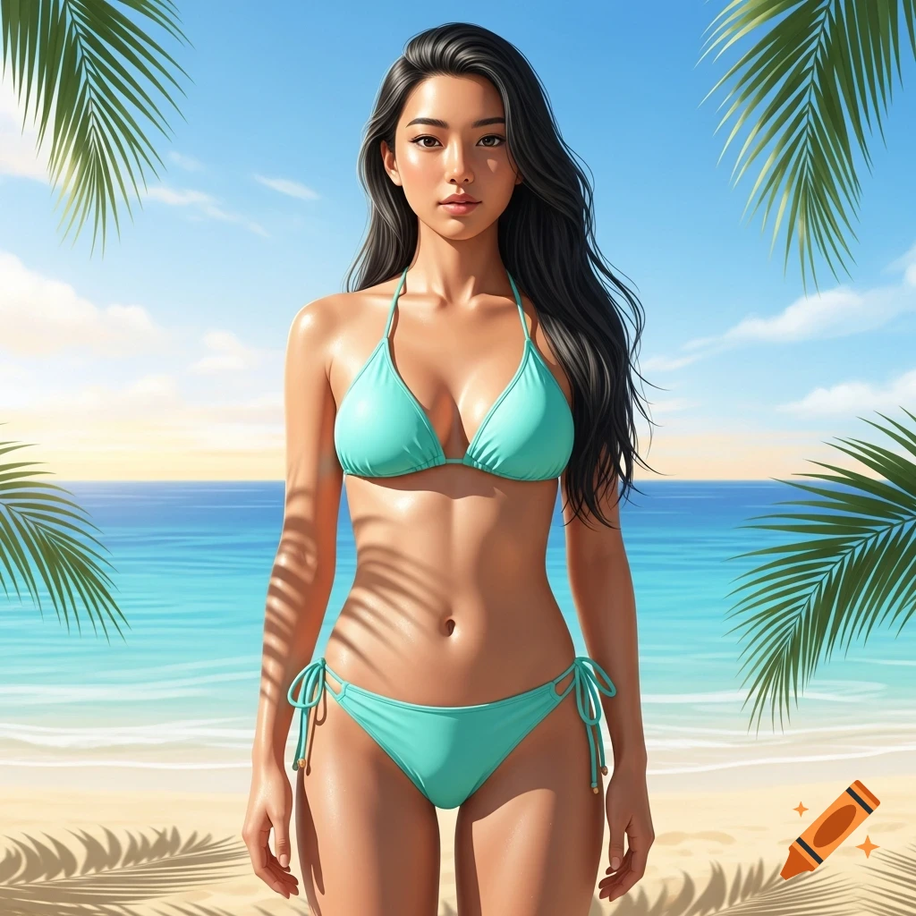 An Asian woman in a teal bikini stands on a sunny beach with palm leaves, looking directly forward in a photorealistic digital art style.