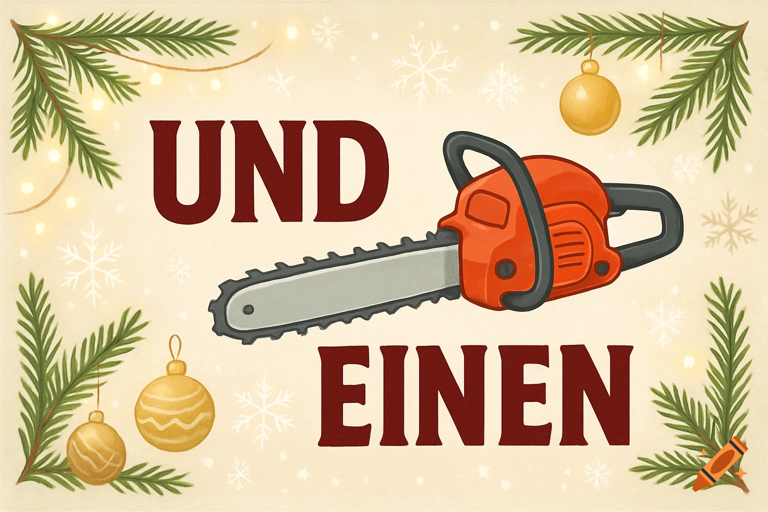 Cartoon Christmas illustration with fir branches, golden ornaments, snowflakes, a chainsaw, and the text 'UND EINEN'.