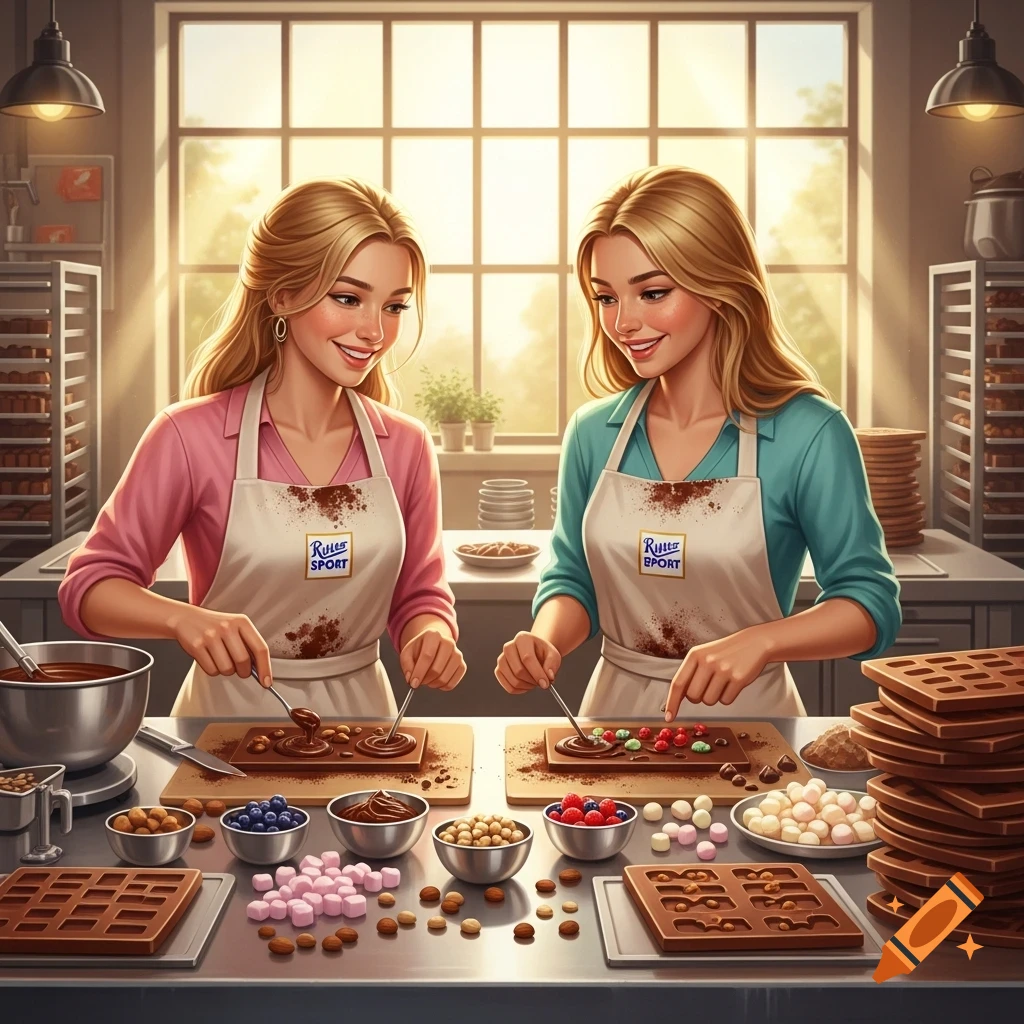 Two smiling blonde women in aprons are in a sunlit kitchen, decorating chocolate bars with toppings like berries, nuts, and marshmallows.