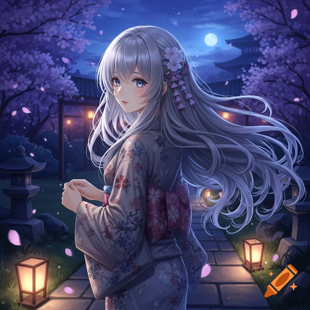 Anime girl with long white hair in a kimono walks a path lined with glowing lanterns and cherry blossoms under a full moon.