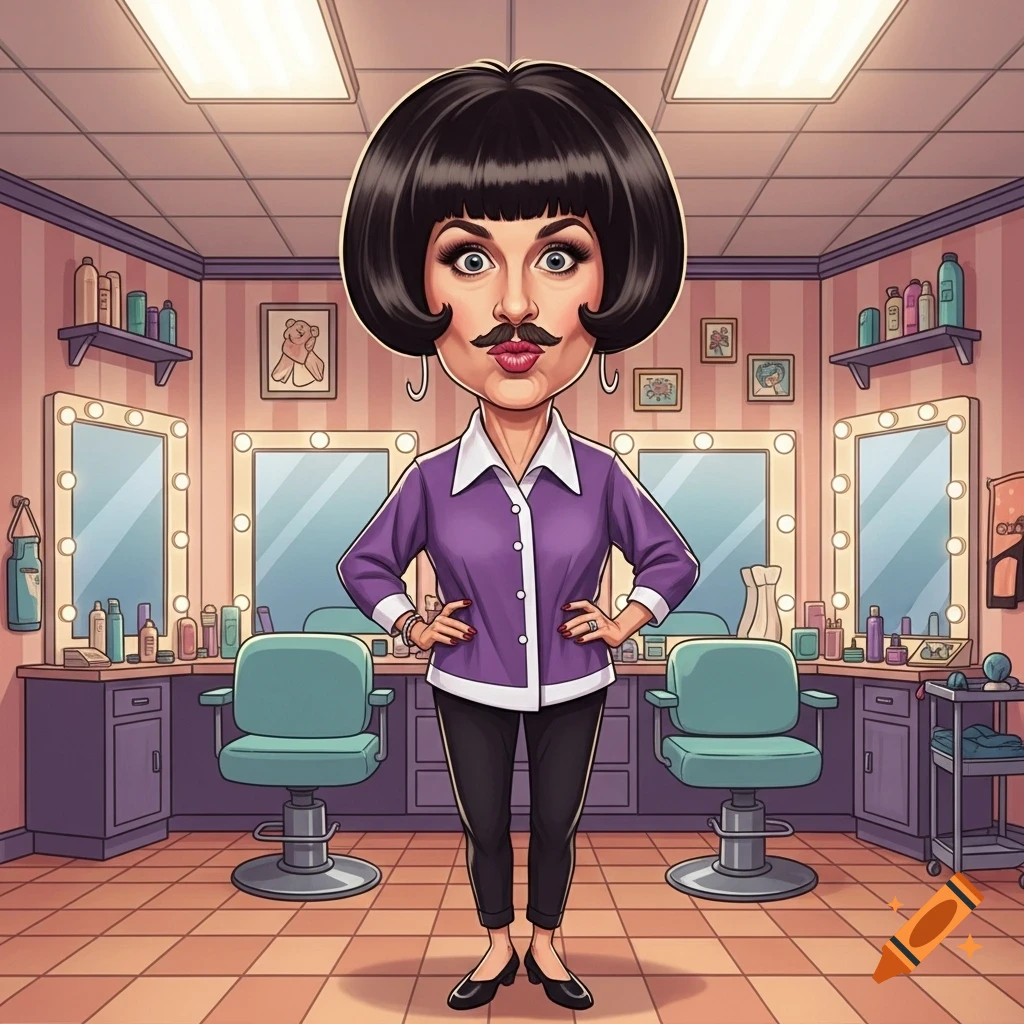 A cartoon woman with a dark bob haircut and a prominent mustache stands in a brightly lit hair salon.