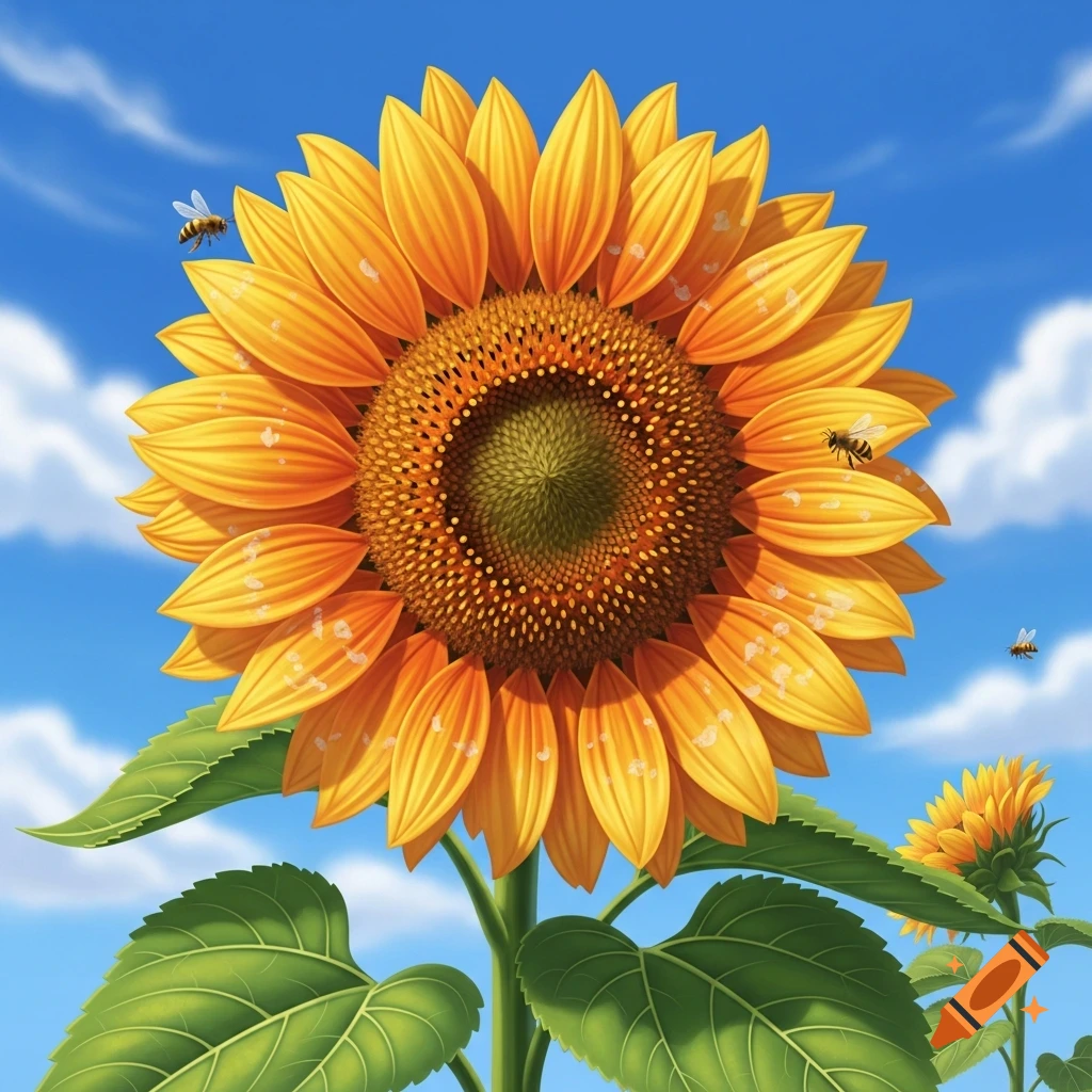 A vibrant, detailed illustration of a large sunflower with bees flying around, set against a bright blue sky with white clouds.