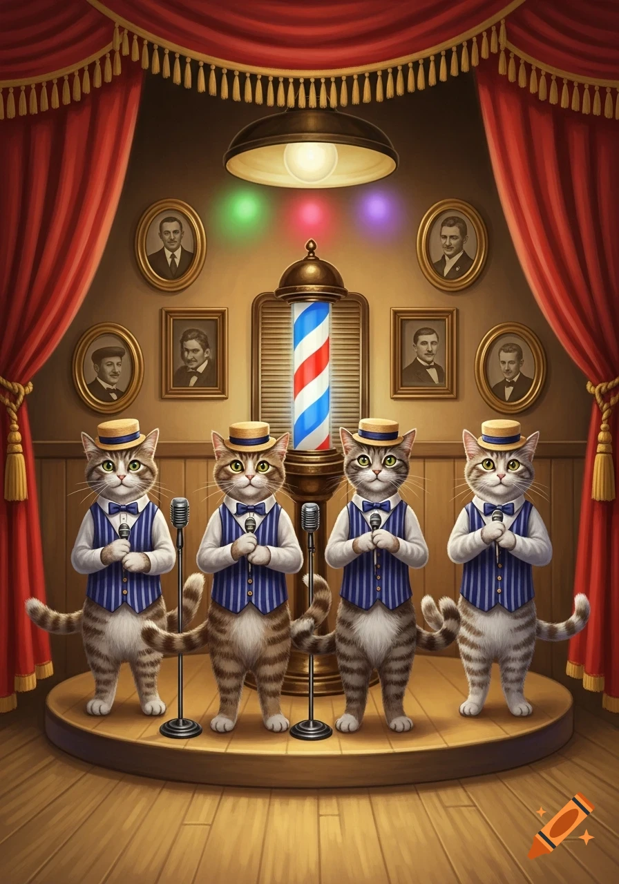 Four anthropomorphic cats in blue striped vests and straw hats sing into microphones on a stage with red curtains and a barbershop pole.