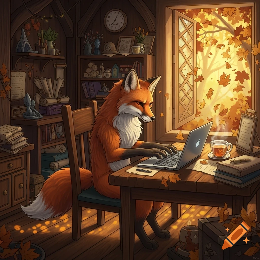 An anthropomorphic fox with orange fur and white chest sits at a wooden desk, typing on a laptop. A cup of tea steams beside the laptop. The room is cozy with wooden walls and shelves, and an open window reveals a bright autumn scene with yellow and orange leaves falling outside.
