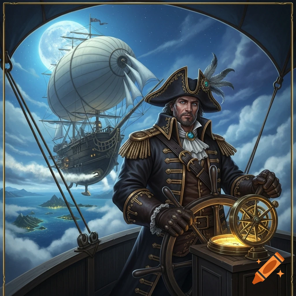A detailed illustration of a bearded airship pirate captain steering his vessel above islands at night, illuminated by a full moon.