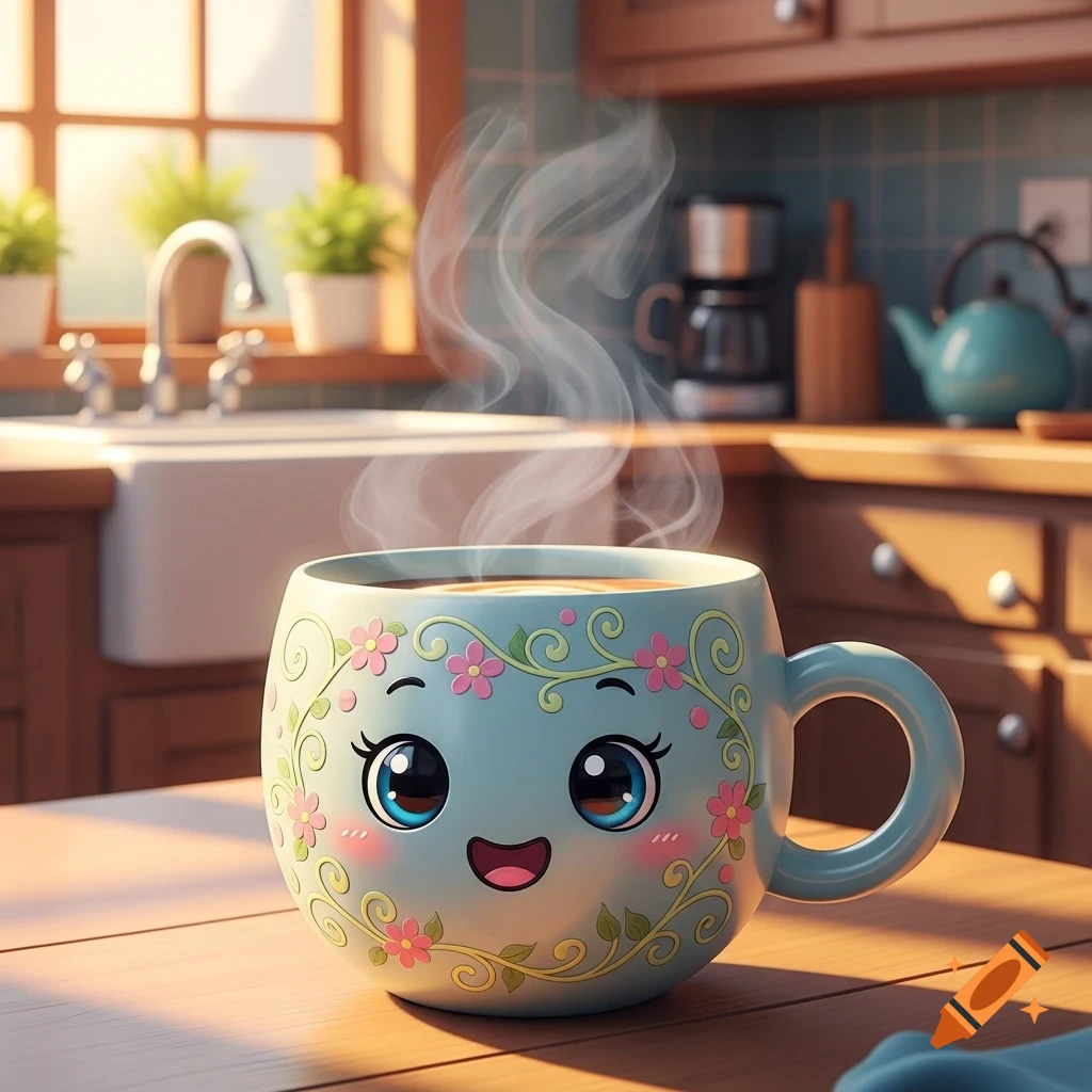 A cute, light blue cartoon mug with a happy face and pink floral designs, steaming hot, on a wooden kitchen counter.