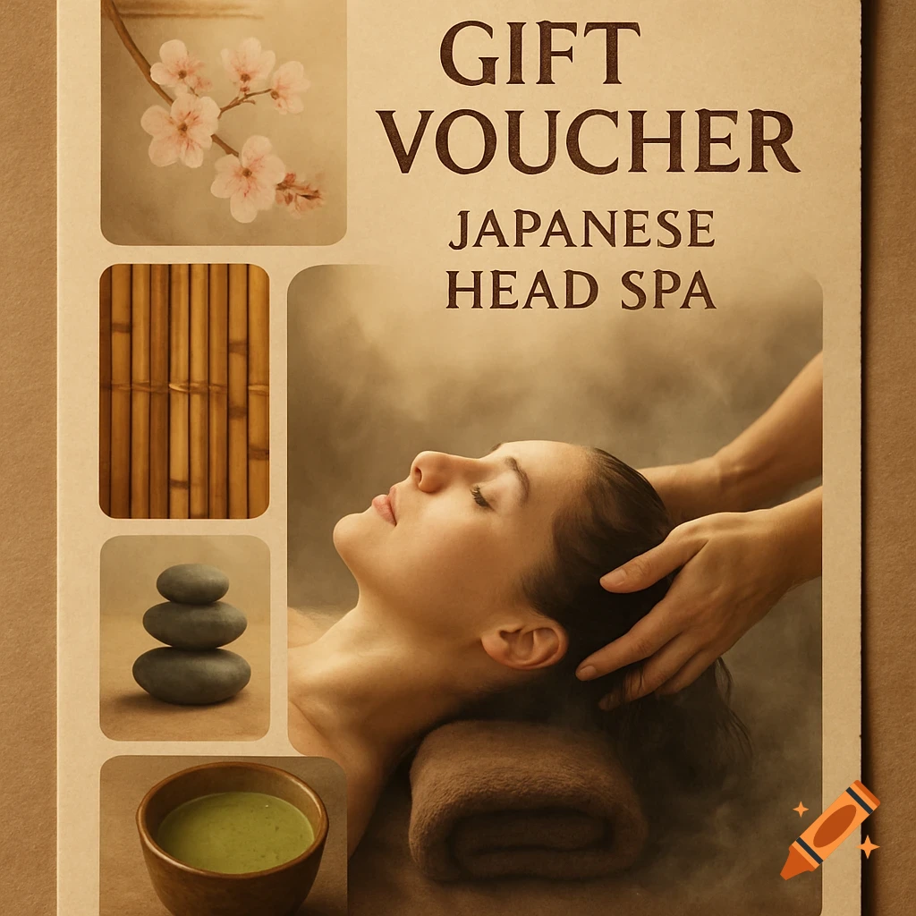 A gift voucher for a Japanese Head Spa featuring a woman getting a head massage, cherry blossoms, bamboo, stacked stones, and a matcha bowl.