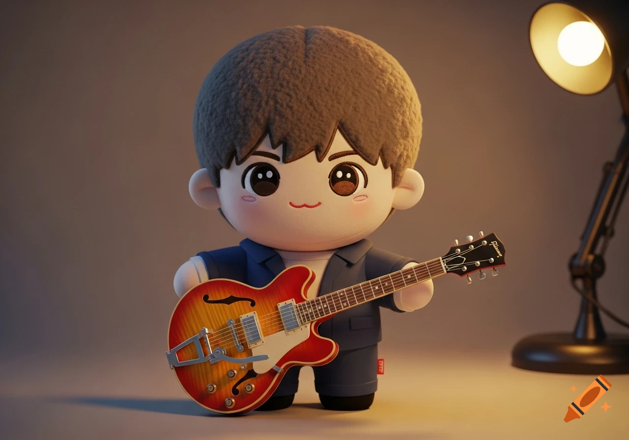 Cute 3D illustrated plush doll with fuzzy brown hair, big eyes, and a gentle smile, wearing a blue jacket, holding a red and yellow sunburst electric guitar under warm lighting.