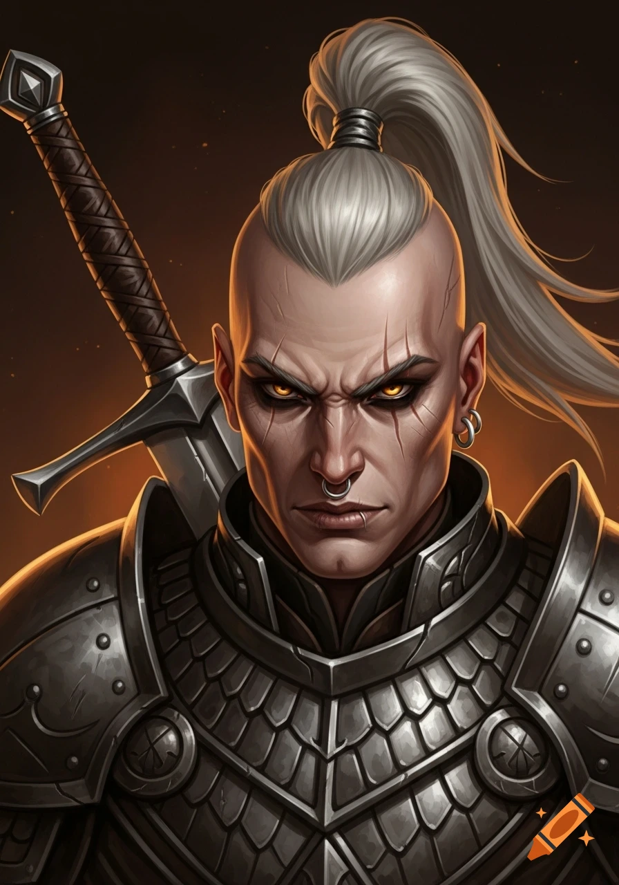 A Neverwinter Nights style portrait of a bald male warrior with a pale ponytail, scarred face, yellow eyes, piercings, and intricate scale armor, holding a greatsword over his shoulder.