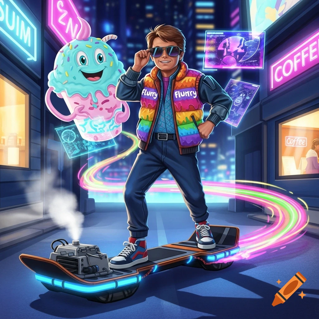 A stylized illustration of a young man, resembling Marty McFly, on a hoverboard in a neon-lit futuristic city, accompanied by a happy, anthropomorphic milkshake cup.