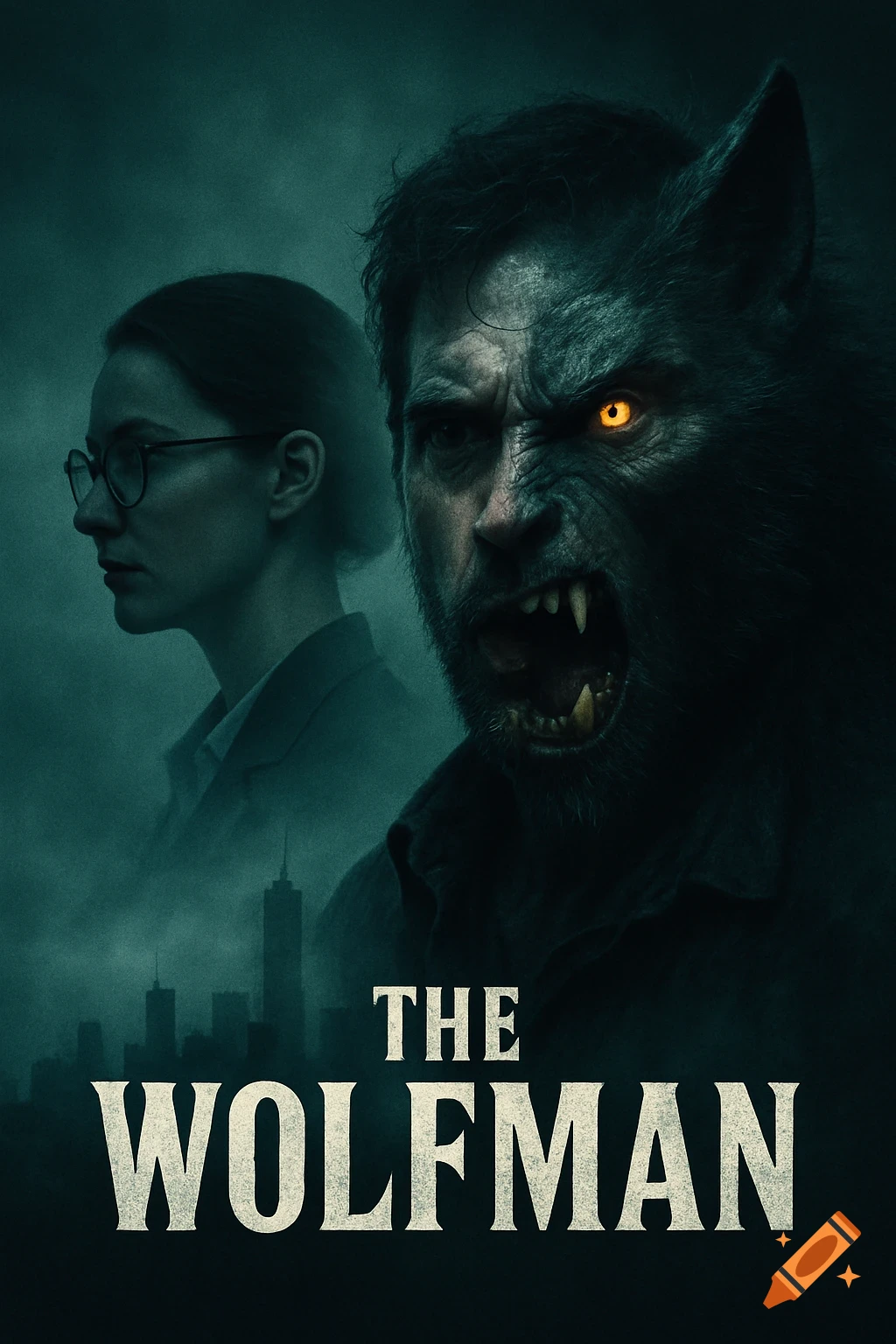Dark horror movie poster featuring a split-face man, half human, half werewolf with glowing eyes, next to a serious woman, above a foggy city and "THE WOLFMAN" title.