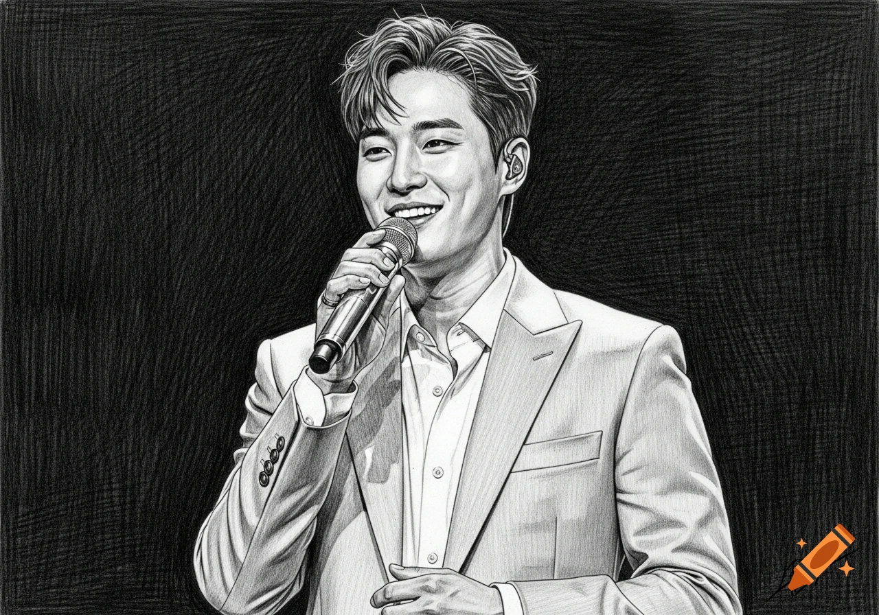 Detailed pencil sketch of a smiling male singer in a suit, holding a ...