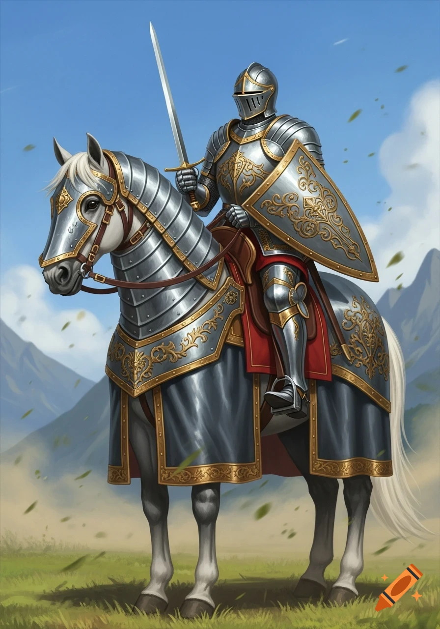A knight in ornate silver and gold armor with a sword and shield ...