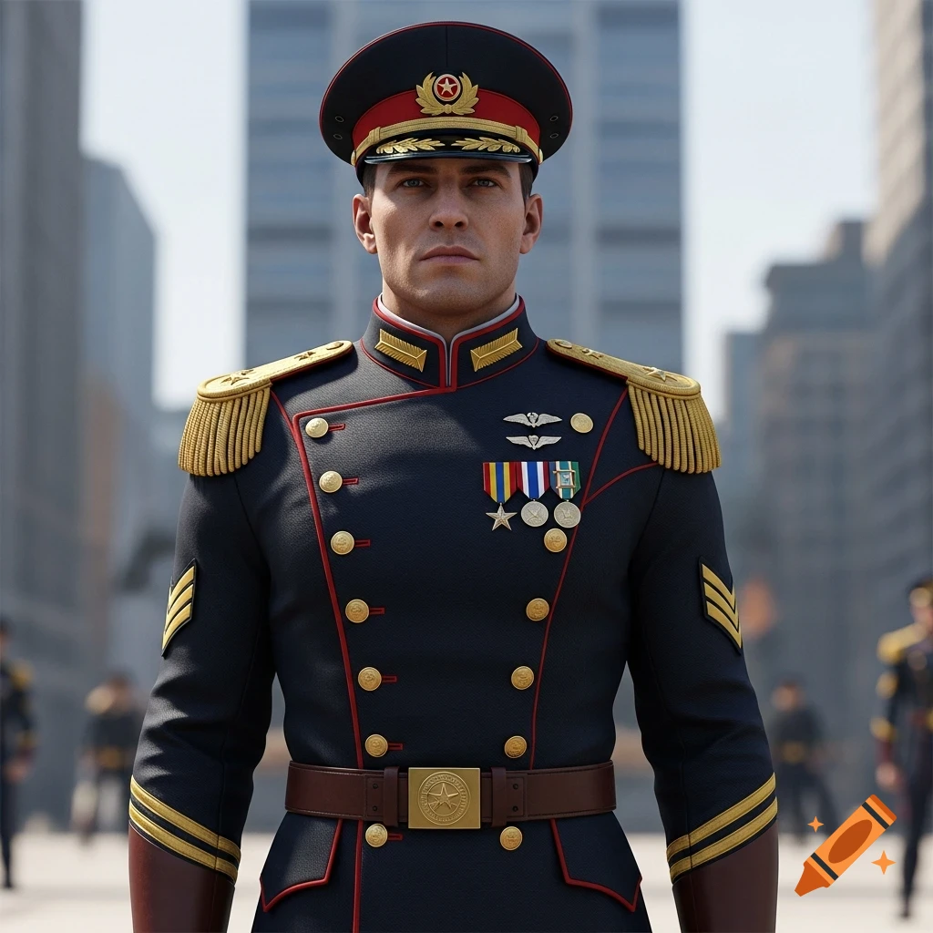 Photorealistic portrait of a man in a navy blue and red military uniform with gold epaulets and medals, standing in a city.