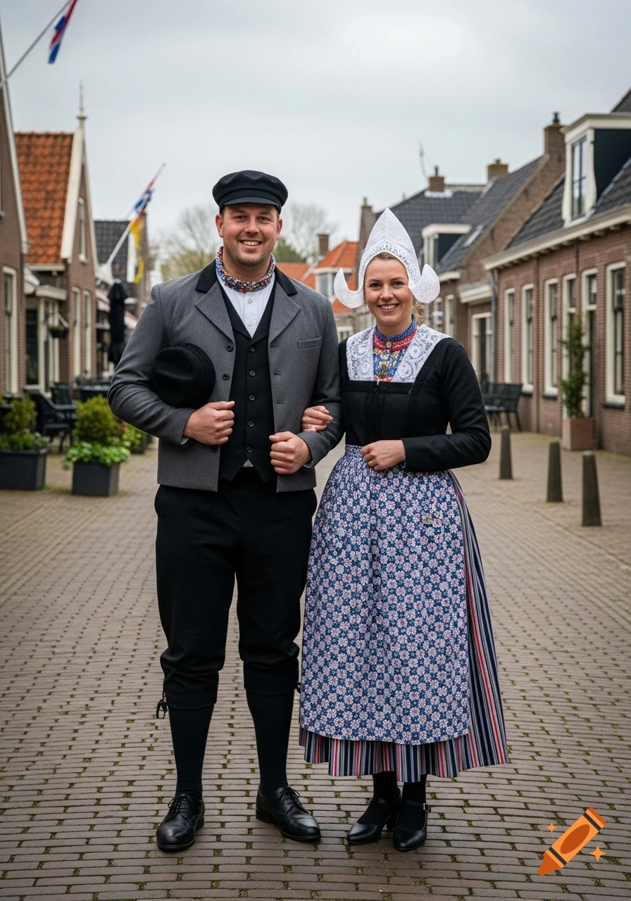 A smiling man and woman in traditional Dutch folk costumes stand on a cobblestone street in a historic village.