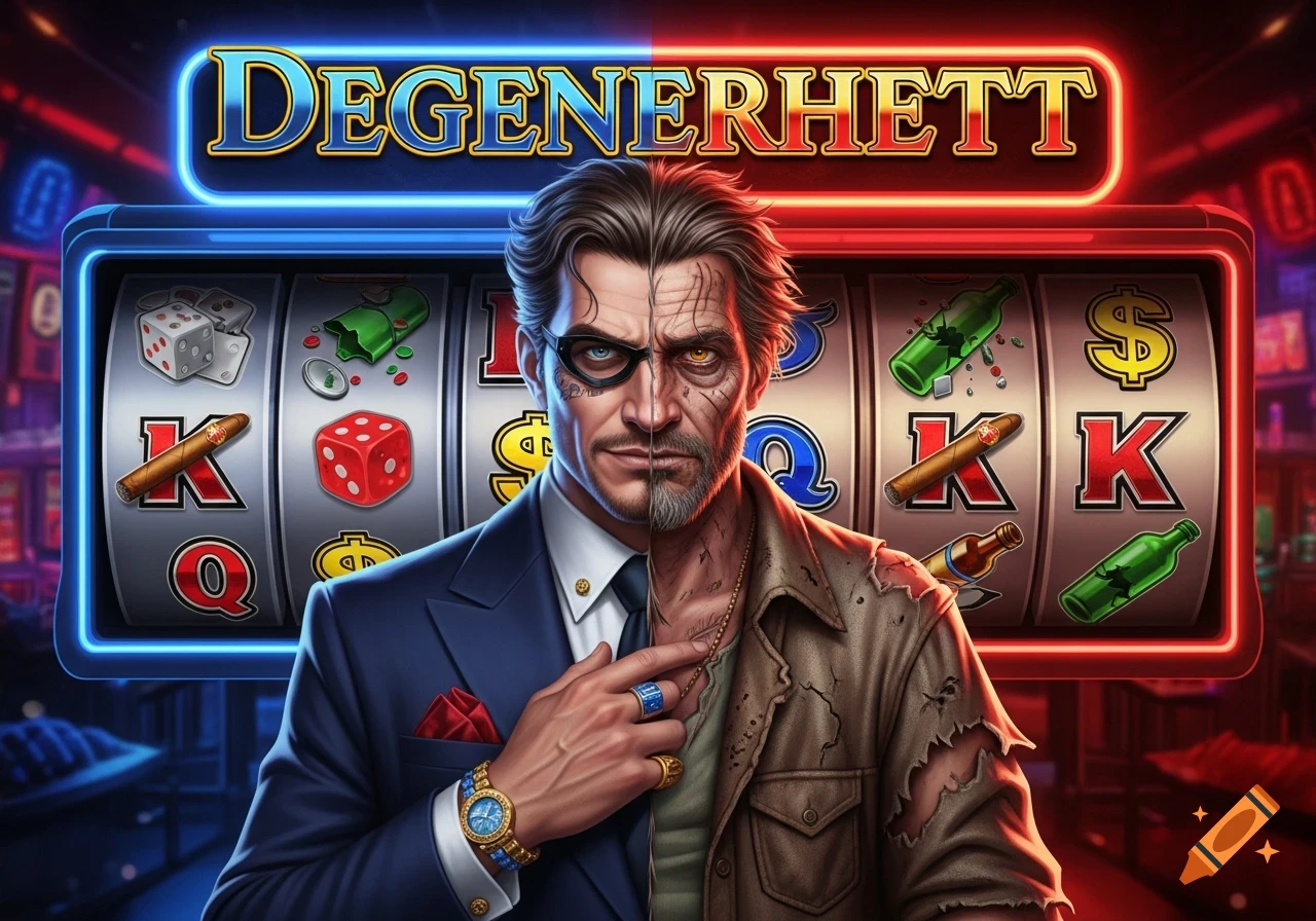 A man split into rich and poor halves stands before a slot machine under a 'DEGENERHETT' neon sign.