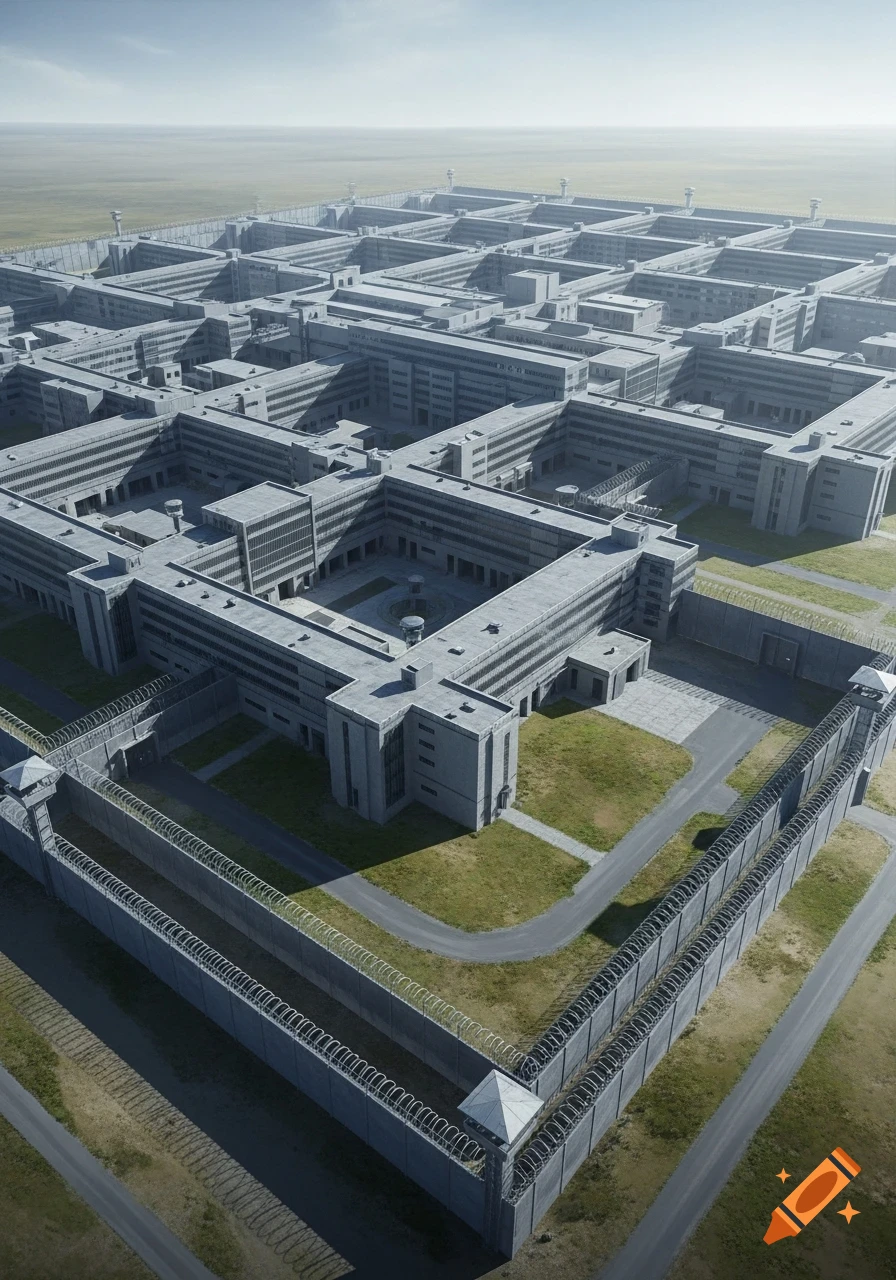 Aerial view of a vast, grey prison complex with buildings, high walls, barbed wire, and guard towers under a clear sky.