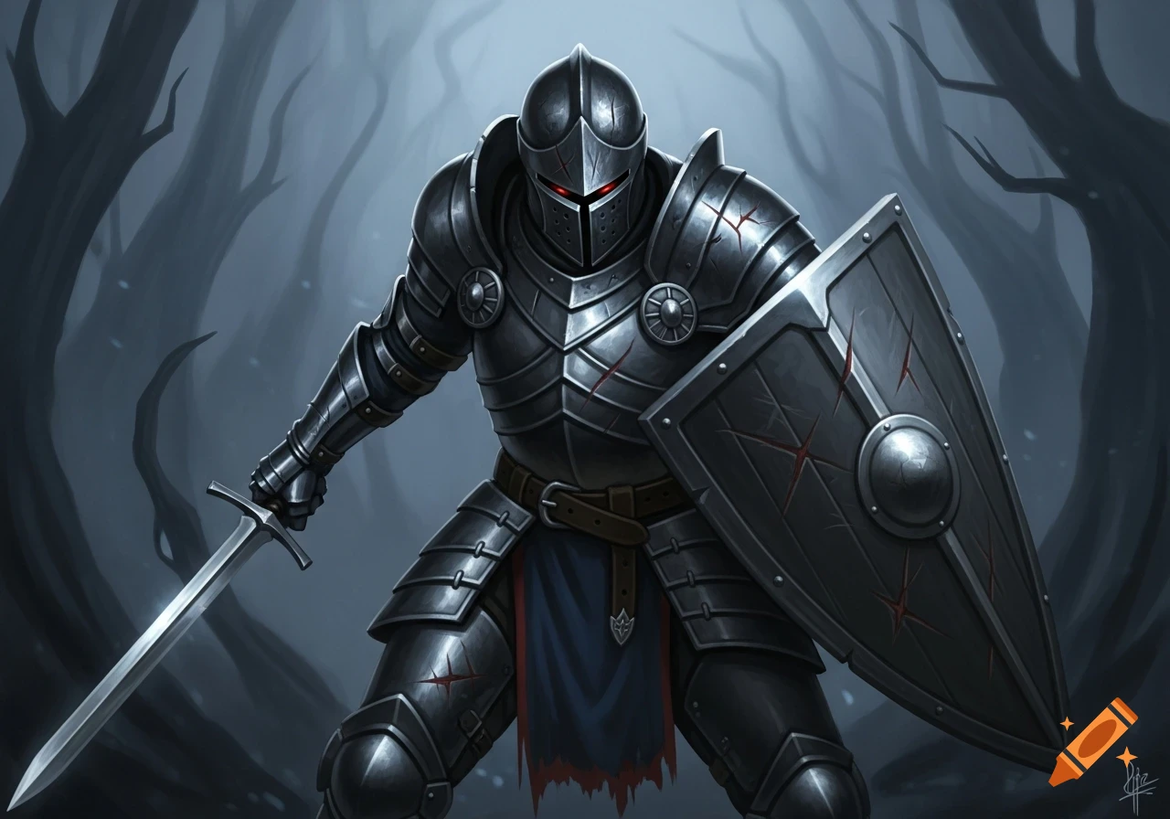 A grim knight in dark, damaged plate armor with glowing red eyes, wielding a sword and shield in a gloomy forest, digital art.